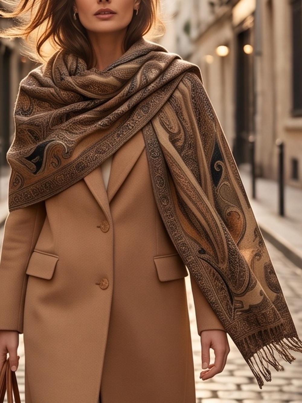 Paisley Fringe Shawl Wrap Coat in Coffee & Cream